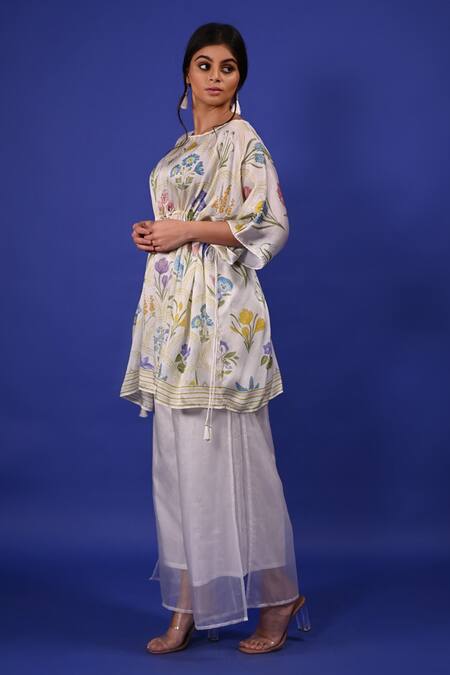 Buy_Rimi Nayak_White Modal, Satin Boat Neck Assorted Flower Print Kaftan Top _Online_at_Aza_Fashions