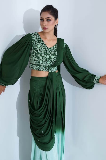 Buy_Suruchi Parakh_Green Tussar Silk And Georgette Crepe Lining Shantoon Pre-draped Pant Saree Set_Online_at_Aza_Fashions