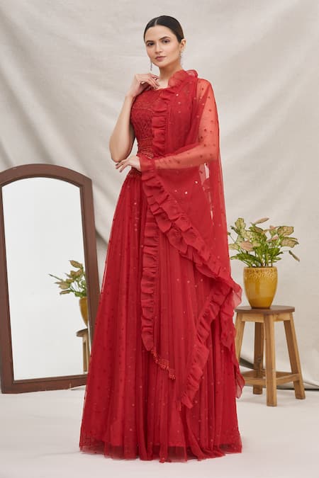Ekta Singh_Red Net Round Embroidered Bridal Lehenga Set _Online_at_Aza_Fashions