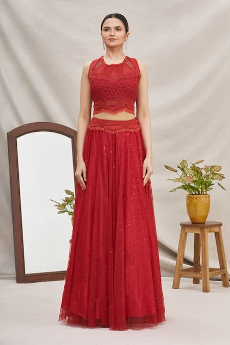 Buy_Ekta Singh_Red Net Round Embroidered Bridal Lehenga Set _Online_at_Aza_Fashions