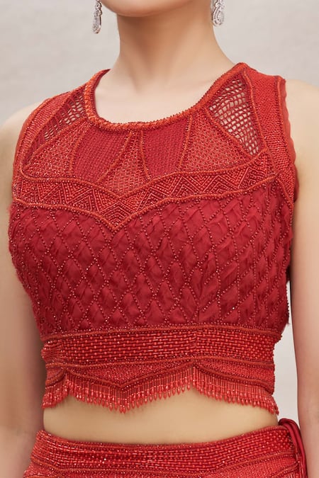 Ekta Singh_Red Net Round Embroidered Bridal Lehenga Set _at_Aza_Fashions