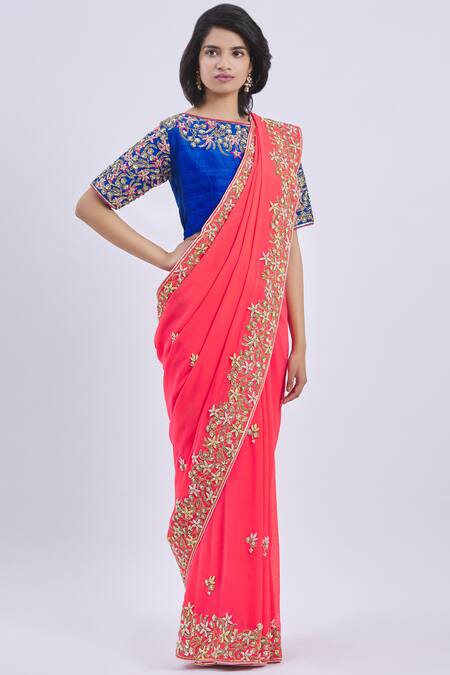 Surbhi Shah_Blue Embroidered Saree With Blouse_Online_at_Aza_Fashions