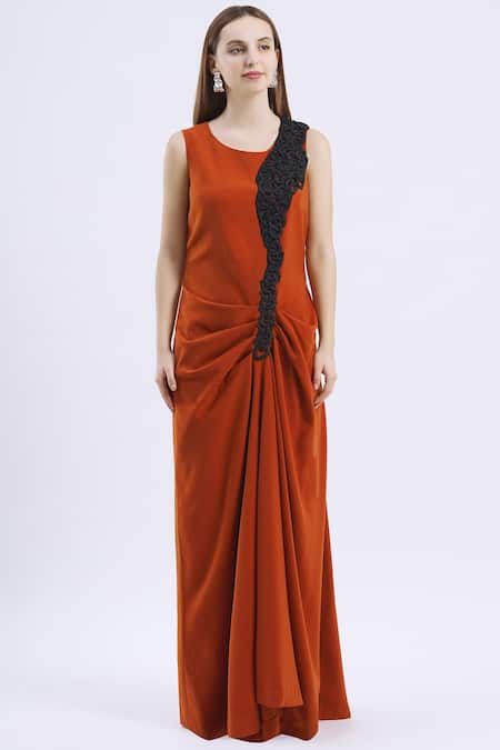 Urvashi Joneja_Orange Patchwork Round Draped Maxi Dress _Online_at_Aza_Fashions