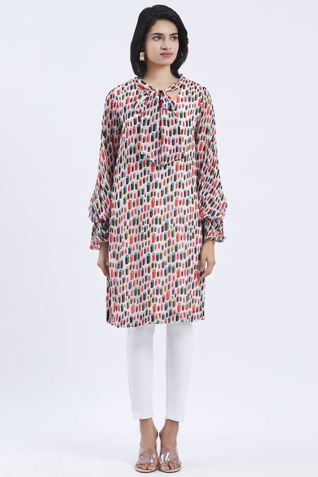 Urvashi Joneja_White Geometric Round Motif Print Tunic _Online_at_Aza_Fashions