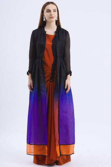 Urvashi Joneja_Black Net Open Neck Long Jacket_Online_at_Aza_Fashions