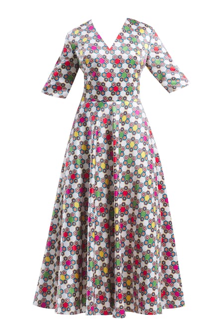 Urvashi Joneja White Satin Geometric V-neck Printed Flared Dress Online at Aza Fashions Urvashi Joneja_White Satin Geometric V-neck Printed Flared Dress _Online_at_Aza_Fashions