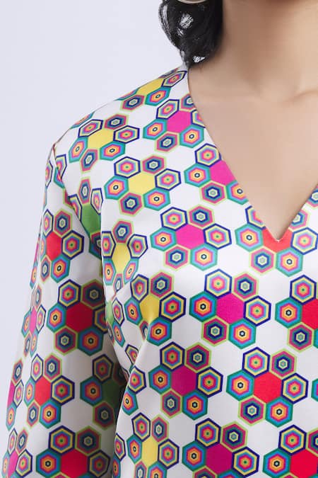 Buy Urvashi Joneja White Satin Geometric V-neck Printed Flared Dress Online at Aza Fashions Buy_Urvashi Joneja_White Satin Geometric V-neck Printed Flared Dress _Online_at_Aza_Fashions