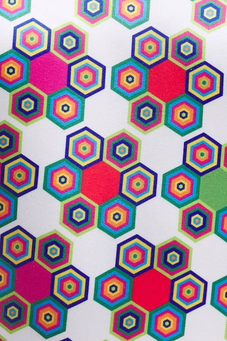 Shop Urvashi Joneja White Satin Geometric V-neck Printed Flared Dress Online at Aza Fashions Shop_Urvashi Joneja_White Satin Geometric V-neck Printed Flared Dress _Online_at_Aza_Fashions