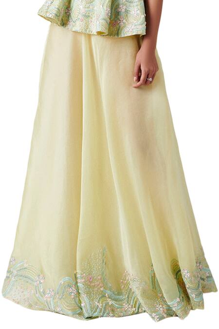 Shop_Amaare_Yellow Taffeta Embroidery V Neck Embellished Lehenga Set _Online_at_Aza_Fashions