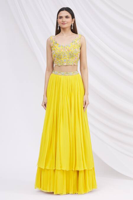 Aneesh Agarwaal Yellow Chiffon Blouse Scoop Embroidered Jacket Lehenga Set Online at Aza Fashions Aneesh Agarwaal_Yellow Chiffon Blouse Scoop Embroidered Jacket Lehenga Set _Online_at_Aza_Fashions