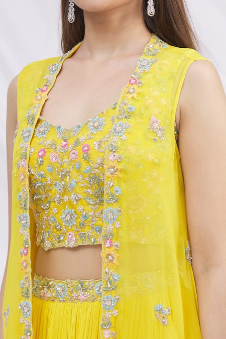 Aneesh Agarwaal Yellow Chiffon Blouse Scoop Embroidered Jacket Lehenga Set at Aza Fashions Aneesh Agarwaal_Yellow Chiffon Blouse Scoop Embroidered Jacket Lehenga Set _at_Aza_Fashions