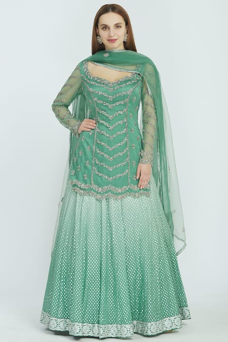 Nitika Gujral Green Taffeta Embroidered Kurta Lehenga Set