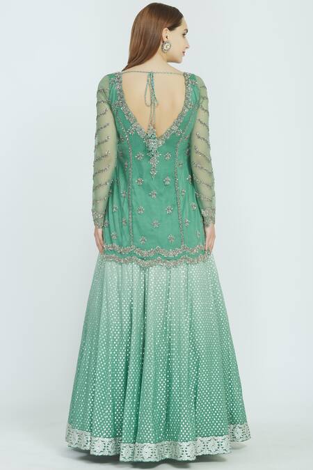 Shop_Nitika Gujral_Green Taffeta Embroidered Kurta Lehenga Set_at_Aza_Fashions