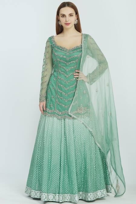 Nitika Gujral_Green Taffeta Embroidered Kurta Lehenga Set_Online_at_Aza_Fashions