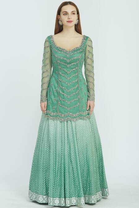 Buy_Nitika Gujral_Green Taffeta Embroidered Kurta Lehenga Set_Online_at_Aza_Fashions
