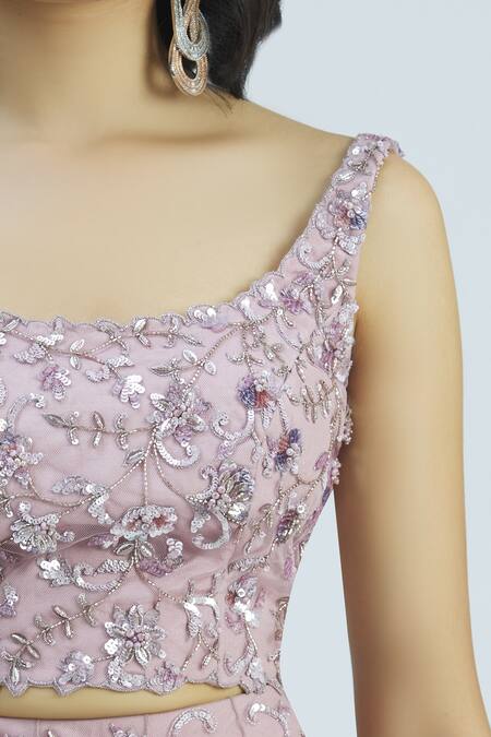 Shlok Design_Purple Net Embellished Lehenga Set_at_Aza_Fashions