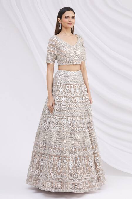 Aneesh Agarwaal_Beige Net Scoop Neck Embroidered Bridal Lehenga Set _Online_at_Aza_Fashions