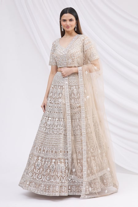 Buy_Aneesh Agarwaal_Beige Net Scoop Neck Embroidered Bridal Lehenga Set _Online_at_Aza_Fashions