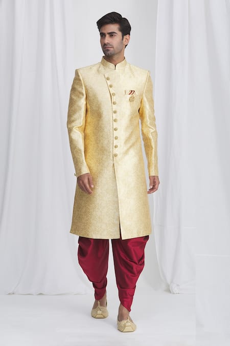 Samyukta Singhania Gold Sherwani Jacquard Silk Brocade Dhoti Dupion Art Silk Lining Faux Set 