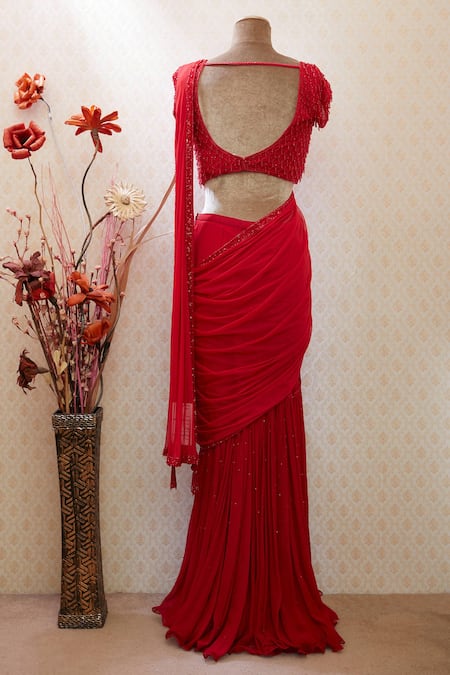Shop Arpan Vohra Red Round Embellished Pre-draped Saree With Blouse at Aza Fashions Shop_Arpan Vohra_Red Round Embellished Pre-draped Saree With Blouse _at_Aza_Fashions