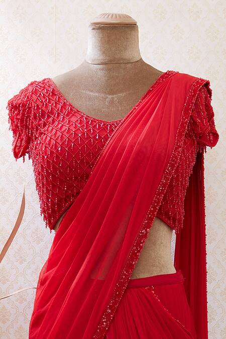 Buy Arpan Vohra Red Round Embellished Pre-draped Saree With Blouse Online at Aza Fashions Buy_Arpan Vohra_Red Round Embellished Pre-draped Saree With Blouse _Online_at_Aza_Fashions