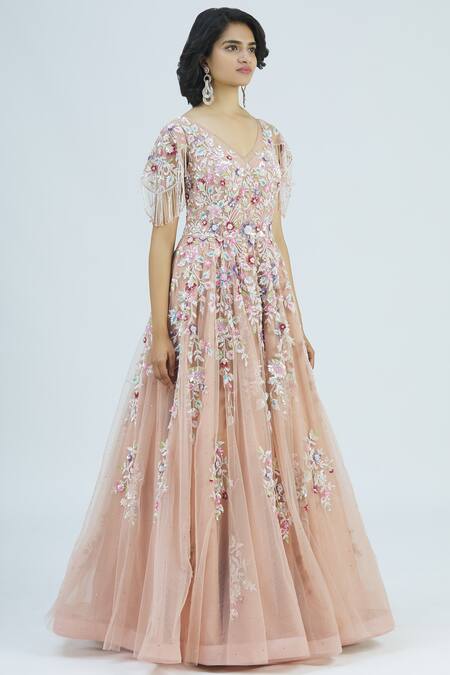 Shlok Design_Pink Net Embellished Gown_Online_at_Aza_Fashions