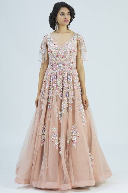Shop_Shlok Design_Pink Net Embellished Gown_Online_at_Aza_Fashions