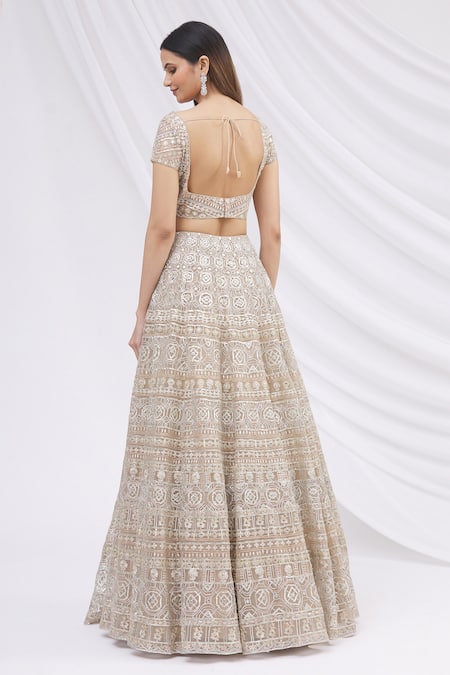 Shop Aneesh Agarwaal Beige Net Square Neck Embroidered Bridal Lehenga Set at Aza Fashions Shop_Aneesh Agarwaal_Beige Net Square Neck Embroidered Bridal Lehenga Set _at_Aza_Fashions