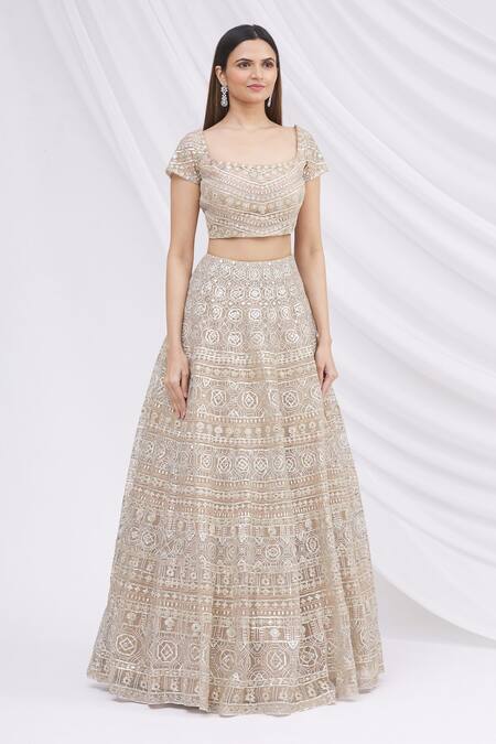 Aneesh Agarwaal Beige Net Square Neck Embroidered Bridal Lehenga Set Online at Aza Fashions Aneesh Agarwaal_Beige Net Square Neck Embroidered Bridal Lehenga Set _Online_at_Aza_Fashions