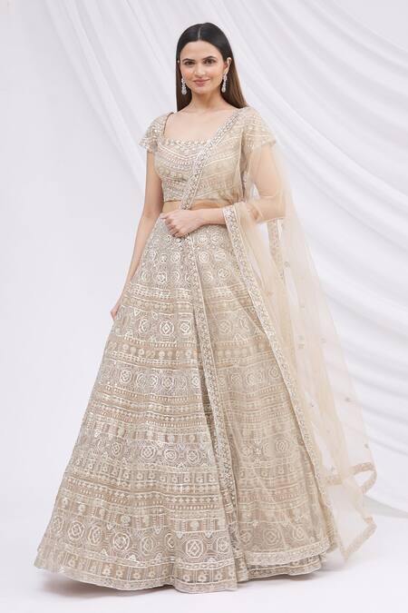 Buy Aneesh Agarwaal Beige Net Square Neck Embroidered Bridal Lehenga Set Online at Aza Fashions Buy_Aneesh Agarwaal_Beige Net Square Neck Embroidered Bridal Lehenga Set _Online_at_Aza_Fashions