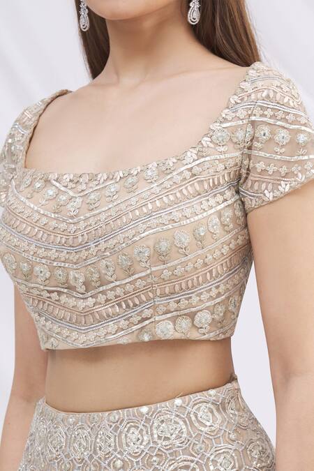 Aneesh Agarwaal Beige Net Square Neck Embroidered Bridal Lehenga Set at Aza Fashions Aneesh Agarwaal_Beige Net Square Neck Embroidered Bridal Lehenga Set _at_Aza_Fashions