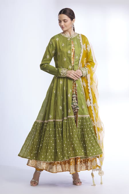 Vikram Phadnis Yellow Embroidered Jacket And Chanderi Anarkali Set