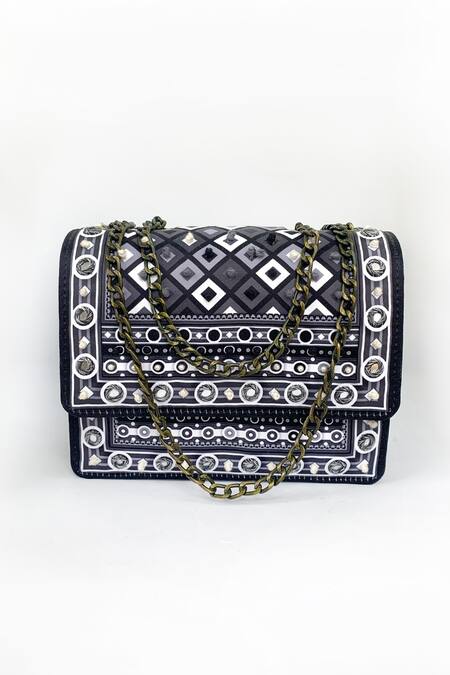 Buy_The Garnish Company_Black Mirrors, Chains Adya Geometric Print Sling Bag _Online_at_Aza_Fashions