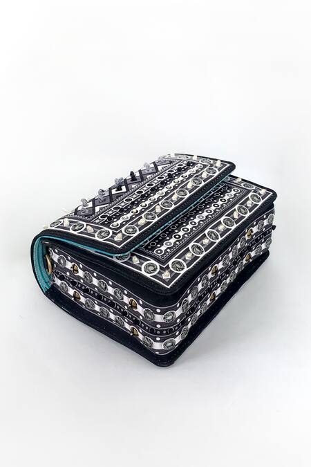 Shop_The Garnish Company_Black Mirrors, Chains Adya Geometric Print Sling Bag _Online_at_Aza_Fashions