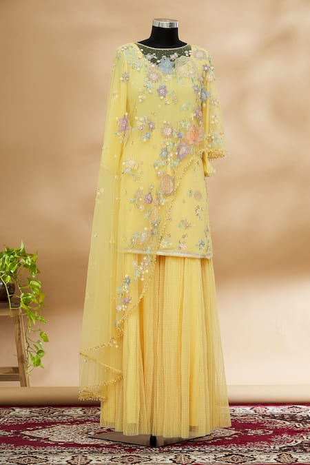 Tarun Tahiliani Yellow Embroidered Cape And Kurta Set