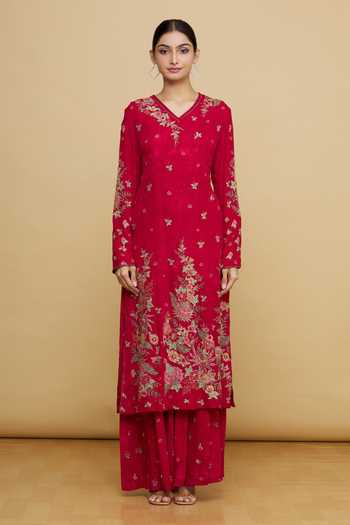 Tarun Tahiliani_Floral Embroidered Kurta And Palazzo Set_Online_at_Aza_Fashions