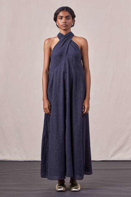 The Summer House_Black Cotton Halter Neck Catir Dress_Online_at_Aza_Fashions