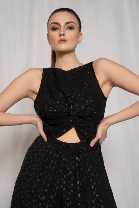 Amrta By Guneet Kondal Black Viscose, Georgette Round Neck Front Cut Out Jumpsuit at Aza Fashions Amrta By Guneet Kondal_Black Viscose, Georgette Round Neck Front Cut Out Jumpsuit _at_Aza_Fashions
