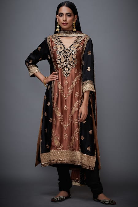 RI.Ritu Kumar Black Printed Embroidered Straight Kurta Set 