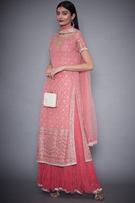 RI.Ritu Kumar Pink Embroidered Kurta With Skirt And Dupatta 