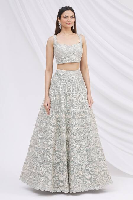 Aneesh Agarwaal_Grey Net Square Neck Embroidered Bridal Lehenga Set _Online_at_Aza_Fashions