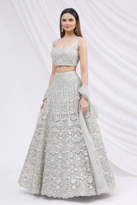 Buy_Aneesh Agarwaal_Grey Net Square Neck Embroidered Bridal Lehenga Set _Online_at_Aza_Fashions