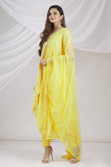 Varun Nidhika_Yellow Embroidered Kurta And Dhoti Pant Set_Online_at_Aza_Fashions