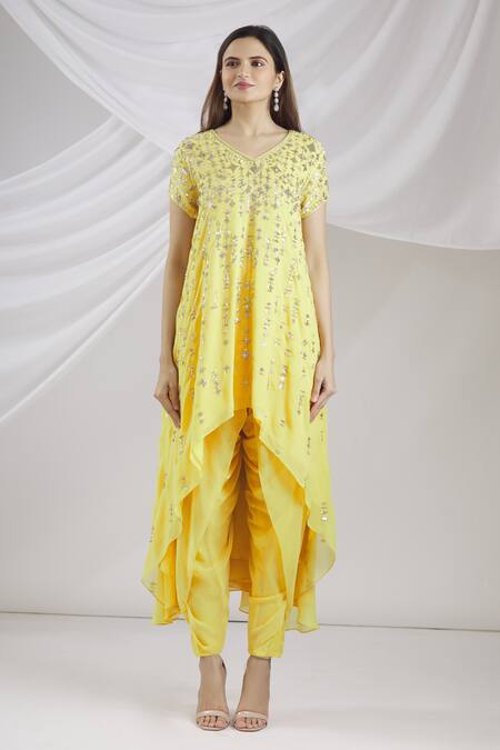 Buy_Varun Nidhika_Yellow Embroidered Kurta And Dhoti Pant Set_Online_at_Aza_Fashions