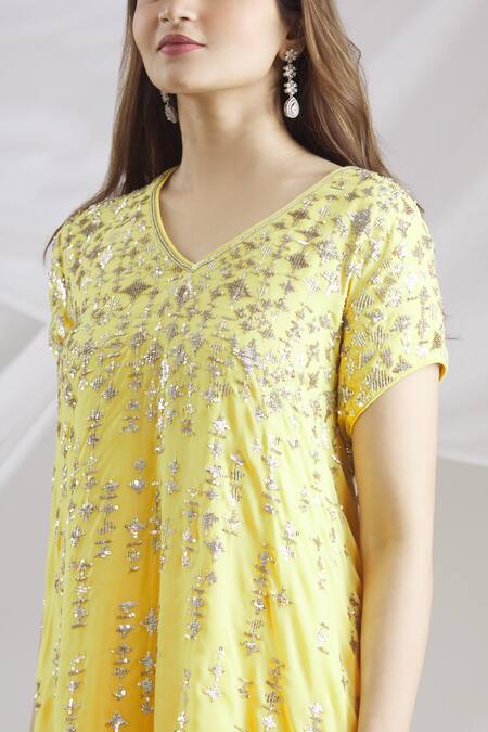 Varun Nidhika_Yellow Embroidered Kurta And Dhoti Pant Set_at_Aza_Fashions