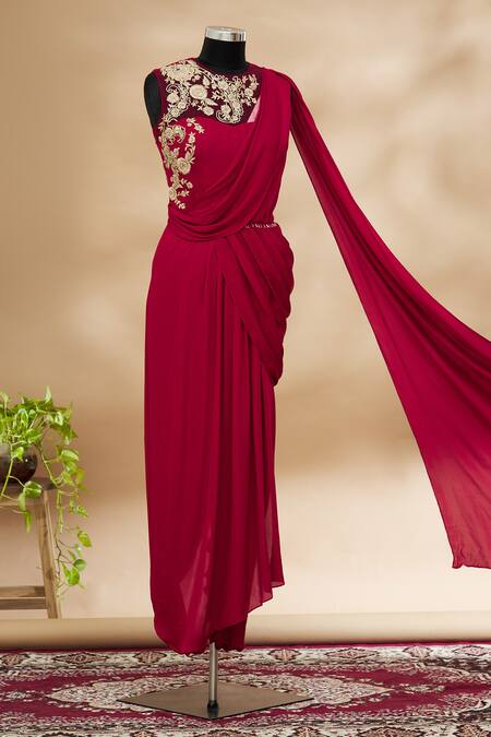 Tarun Tahiliani Pink Embroidered Pre-draped Saree Online at Aza Fashions Tarun Tahiliani_Pink Embroidered Pre-draped Saree_Online_at_Aza_Fashions