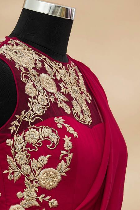 Shop Tarun Tahiliani Pink Embroidered Pre-draped Saree Online at Aza Fashions Shop_Tarun Tahiliani_Pink Embroidered Pre-draped Saree_Online_at_Aza_Fashions