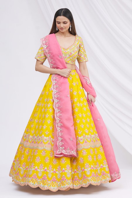 Buy_Aneesh Agarwaal_Yellow Silk, Organza V Neck Embroidered Bridal Lehenga Set _Online_at_Aza_Fashions