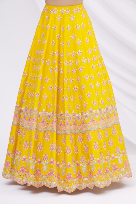 Shop_Aneesh Agarwaal_Yellow Silk, Organza V Neck Embroidered Bridal Lehenga Set _Online_at_Aza_Fashions