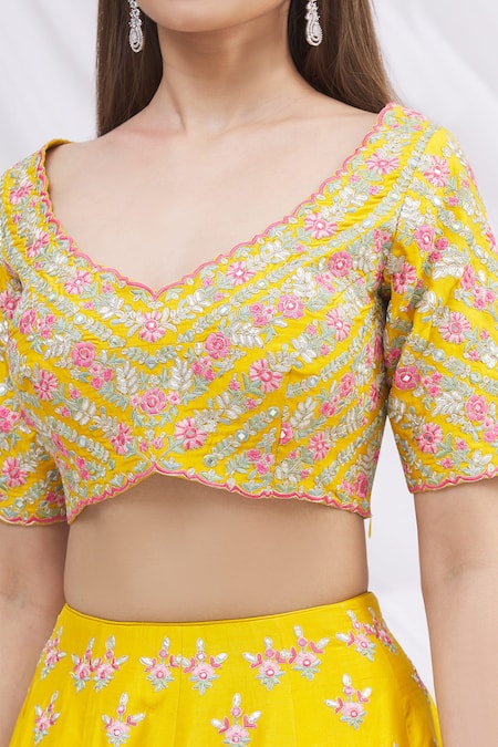 Aneesh Agarwaal_Yellow Silk, Organza V Neck Embroidered Bridal Lehenga Set _at_Aza_Fashions